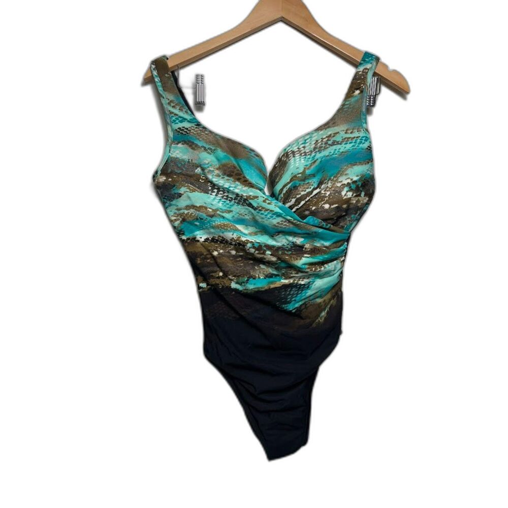 Miraclesuit Swimsuit Women's 12/14 Blue Black One Piece Shaping Underwire Modest